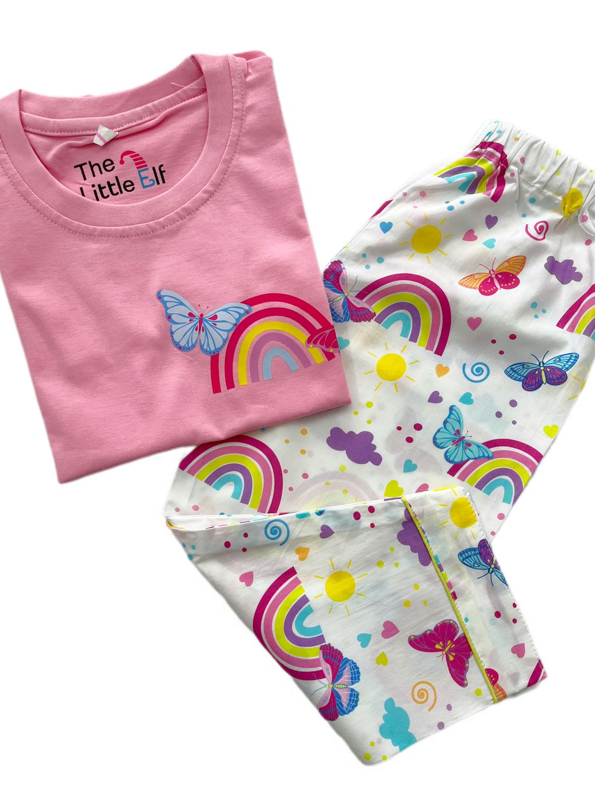 Rainbow print t-shirt with white pyjama set
